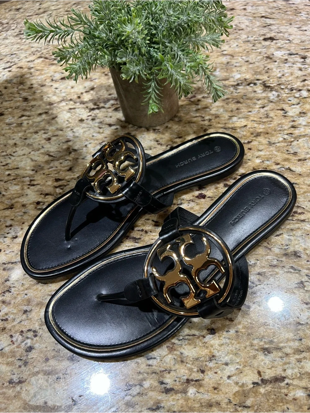 Tory Burch Miller Metal Black Leather Sandals with Gold Logo 9M